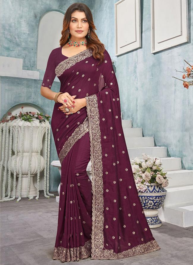 Vichitra Blooming Wine Wedding Wear Jari Work Saree